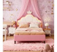 DAHUEN Lit Enfant Rembourré 90x200 cm, Cadre de lit Fille avec avec Éclairage LED, Lits Simple Fille 90x200, Style Princesse, tête de Lits réglable, sommier à Lattes en Bois (Rose)