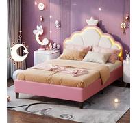 DAHUEN Lit Fille 140x200, Lit Double Enfant avec Sommier à Lattes et éclairage LED, Lits Princesse Fille, Lits Rose, avec Tête de litss rembourrée réglable en Forme de Nuage et décoration de Couronne