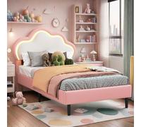 DAHUEN Lit Fille 90x200, Lit 1 Place Enfant avec Sommier à Lattes et éclairage LED, lit de Princesse Petite Fille, Lits Princesse Fille, Tête de Lits réglable en Hauteur (Rose, 90×200cm)