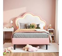 DAHUEN Lit Fille 90x200, Lit 1 Place Enfant avec Sommier à Lattes et éclairage LED, Lits Princesse Fille, Lits Rose, avec Tête de Lits rembourrée réglable, Rose, 90x200 cm