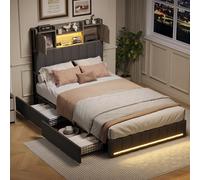 DAHUEN Lit pour adolescent, 90 x 200 cm, avec éclairage LED et USB, rembourré, lit simple, avec 2 tiroirs et tête de lit, fonctionnel, avec sommier à lattes, sans matelas, gris A, 90 x 200 cm