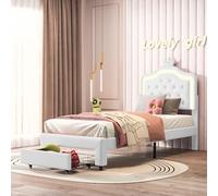 DAHUEN Lit pour enfant 90 x 200 cm, rembourré, pour fille, avec tête réglable en hauteur et sommier à lattes, lit simple, princesse, en polyuréthane, blanc B, 90 x 200 cm