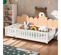 DAHUEN Lit pour Enfant 90x200cm,avec Barrière de Sécurité et Sommier à Lattes,Lit de Maison Lit de Sol Lit en Bois en pin Massif Finition Naturelle,Protection Contre Les Chutes,Blanc