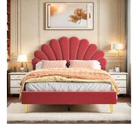 DAHUEN Lit pour fille, 140 x 200 cm, avec LED, avec tête de lit rembourrée en forme de couronne, lit double, avec sommier à lattes, velours, rose (140 × 200 cm, bordeaux)