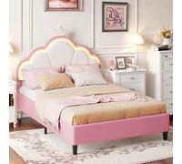 DAHUEN Lit pour fille, 140 x 200 cm, avec LED, avec tête de lit rembourrée en forme de couronne, lit double, avec sommier à lattes, en velours, rose (140 x 200 cm)