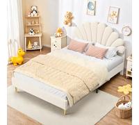 DAHUEN Lit pour fille, 140 x 200 cm, avec LED, princesse avec tête de lit rembourrée en forme de couronne, lit double, avec sommier à lattes, velours, rose (140 x 200 cm, beige)