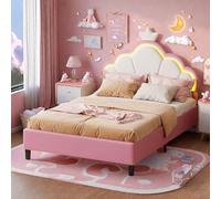 DAHUEN Lit pour fille 90 x 200 cm, avec LED, avec tête de lit rembourrée en forme de couronne, lit double, avec sommier à lattes, velours, rose (90 × 200 cm (a))