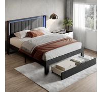 DAHUEN Lit rembourré, 140 x 200 cm, avec espace de rangement, LED, avec tiroirs, port USB/type C, cadre de lit rembourré, avec sommier à lattes, en lin gris, 140 x 200 cm