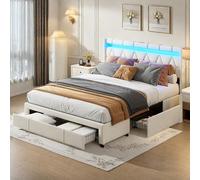 DAHUEN Lit rembourré, 140 x 200 cm, avec espace de rangement, LED, avec tiroirs, port USB/type C, cadre de lit rembourré, avec sommier à lattes, en lin beige, 140 x 200 cm