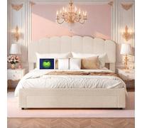 DAHUEN Lit Rembourré 140 x 200 cm, avec Tiroir de Rangement, Cadre de Lit Double et Prise USB, Tête de Lits Réglable en Hauteur, Lits Fille, Lit's Princesse, Velours Teddy, Beige (140 x 200 cm)