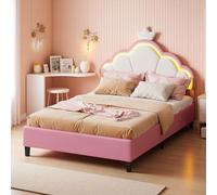 DAHUEN Lit rembourré, 140 x 200 cm, pour 2 enfants, avec éclairage LED, cadre de lit pour fille, avec tête de lit à couronne réglable, lit princesse, avec sommier à lattes, en flanelle (rose, 140 x