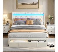 DAHUEN Lit rembourré, 160 x 200 cm, avec espace de rangement, LED, avec tiroirs, port USB/type C, cadre de lit rembourré, avec sommier à lattes, en lin beige, 160 x 200 cm