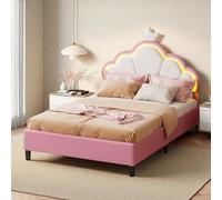DAHUEN Lit rembourré, 90 x 200 cm, pour enfant fille, avec éclairage LED, cadre de lit princesse, avec tête de lit à couronne réglable, en flanelle, avec sommier à lattes, rose, 90 x 200 cm