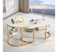 DAHUEN Lot de 2 tables basses rondes - Avec structure en métal doré et plateau en marbre blanc - Pour salon, chambre à coucher, bureau, balcon - Doré (cercle + ellipse) - 100 x 46 x 41 cm