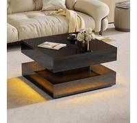 DAHUEN Table Basse Extensible, 78x78x43 cm, Table d'appoint Brillante avec LED, Rangement Caché et 2 Tiroirs, Table Basse carrée, Noir (Noir/1)