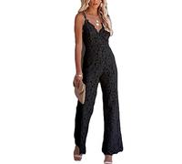 DAIHAN Combinaison Femme en Dentelle Pantalon Chic Soirée à Col V Taille Haute Vêtements de Travail Combinaison Élégante sans Manches Pantalon Large Jambe Bureau Mariage,Noir,XXL