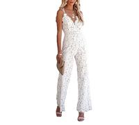 DAIHAN Combinaison Femme en Dentelle Pantalon Chic Soirée à Col V Taille Haute Vêtements de Travail Combinaison Élégante sans Manches Pantalon Large Jambe Bureau Mariage,Blanc,S