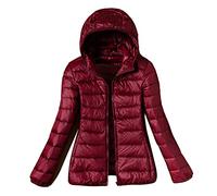 DAIHAN Doudoune à Capuche Femme Ultra Légère Duvet Veste Courte Manteau Doudoune Matelassée Pliable Fine Veste Doudoune Manches Longues Manteau Chaud Parka,Vin Rouge,XL