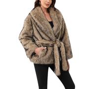 DAIHAN Femme Chaud et épais Fourrure Artificielle Ceinture Manteau mi-longue Parka épaisse unie Manteau courts d'extérieur élégant et duveteux pour la mi-saison Café M