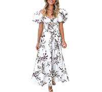 DAIHAN Femme Manches Courtes Bouffantes Coupe ajustée Robe Longue évasée Imprimé Floral Détail Smocké Coupe trapèze Robe d'été pour Cocktail ou Mariage noirwYH M