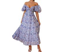 DAIHAN Femme Manches Courtes Bouffantes Coupe ajustée Robe Longue évasée Imprimé Floral Détail Smocké Coupe trapèze Robe d'été pour Cocktail ou Mariage ZiHuaH M