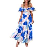 DAIHAN Femme Manches Courtes Bouffantes Coupe ajustée Robe Longue évasée Imprimé Floral Détail Smocké Coupe trapèze Robe d'été pour Cocktail ou Mariage WddBleuDH M