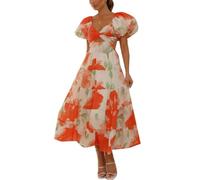 DAIHAN Femme Manches Courtes Bouffantes Coupe ajustée Robe Longue évasée Imprimé Floral Détail Smocké Coupe trapèze Robe d'été pour Cocktail ou Mariage BlancDjrH M