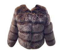 DAIHAN Femme Manteau court en fausse fourrure Manches longues Sans Col Parka courte Veste épaisse Solide Peluche Artificielle Chaude et Douce à Bulles Outwear Café XXL
