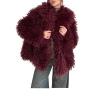 DAIHAN Femme Manteau d'hiver court élégant en fausse fourrure Balzer Veste d'extérieur Duveteuse Parka Trench-coat Ouvert sur le devant Artificielle Pardessus Solide Épais JiuRouge XL