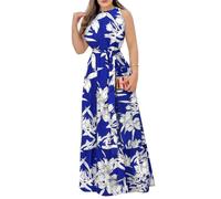 DAIHAN Femme Robe à Nouer dans Le Dos Longue et Fluide Encolure Dos Nu imprimé Floral sans Manches épaules dénudées élégante avec Ceinture et Bas à Volants Bleu M