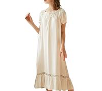 DAIHAN Femmes Manches Courtes/Longues Chemise de Nuit à Volants Palais Victorien Doux Pyjama Style Princesse Longue Vêtement De Nuit Lâche Robes de Salon Robe de Nuit Blanche Manche Courte S