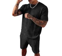 DAIHAN Homme 2 pièces Tenues Décontractées Survêtement Complet de Sport Costume Deux pièces T-shirt à col rond et short avec cordon de serrage Costume de Sport d'été Tenue de sport jogging Noir 3XL