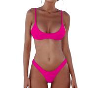 DaiLiWei Bikini brésilien 2 pièces pour Femme - Coupe Haute - Rembourré - Col Rond - Haut Push-up - Bas Coquin, Ensemble Bikini Rose Fluo, Taille S