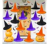 Daily Treasures Lot de 15 chapeaux de sorcière à suspendre noir, orange et violet avec 48 chauve-souris 3D et corde de suspension de 150 m pour décorations d'Halloween, cosplay, décoration effrayante