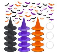 Daily Treasures Lot de 15 Chapeaux de Sorcière Suspendus Noirs,Orange & Violets avec 48 Décorations Murales de Chauves-souris 3D et 150m de Corde pour Décorations d'Halloween, Fête Intérieur Extérieur