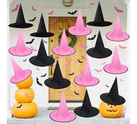 Daily Treasures Lot de 16 Chapeaux de Sorcière Suspendus Noirs&Roses avec 32 Décorations Murales de Chauves-souris 3D et 150m de Corde à Suspendre pour Décorations d'Halloween,Fête Intérieur Extérieur