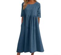 Daily Wear Robe ample en coton et lin avec manches courtes et poche style plissé (XL bleu)