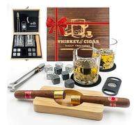 DailyTreasures Coffret de Pierres à Whisky avec cendrier en Bois et Coupe-Coupe,Set de 2verres à Whisky et 8pierres à Whisky dans Un Coffret en Bois,Accessoires Whisky pour Homme Cadeau Père
