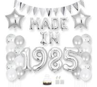 Daimay Bannière de ballons « Happy 40 Birthday » - Argenté - Fabriquée en 1985 - Feuille d'aluminium - Ballons confettis en latex - Ballons triangulaires - Fournitures de fête - Décoration de gâteau