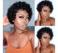 DaiMer Lace Pixie Cut Wigs Front Short Curly Human Hair Wigs for Women Natural Hairline 130% Density Bob Wig 6 Pouce 13x1 Free Part Wigs Easy to Wear (Natural Black)