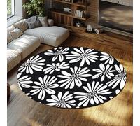 Daisy Floral Rond Tapis Noir et Blanc Art Contemporain Lavable Faible Velours Antidérapant Tapis de Sol Cosy pour Salon Chambre Appartement 200x200cm
