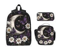 Daisy Moon Ensemble sac à dos pour filles et garçons avec sac à déjeuner, trousse à crayons, papillon et fleur, 3 pièces sacs d'école isothermes, cadeaux pour femmes et hommes