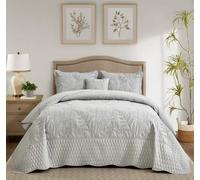 DaisyHuang Couvre-lit surdimensionné botanique pour très Grand lit - Couvre-lit à Motif de Feuilles - Couvre-lit élégant et Frais, réversible, léger, 5 pièces, Gris