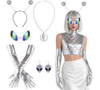 DAJASD Costume d'alien pour femme - Lot de 5 accessoires de costume d'alien Alie pour femme - Avec serre-tête Alie, lunettes, gants, boucles d'oreilles, collier, costume Alen pour Halloween, carnaval