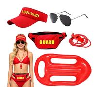 DAJASD Ensemble De Costume Sauveteur,5 Pièces Accessoires Sauveteur Avec Chapeau Sifflet Sac Banane Lunette De Soleil Et Bouée De Sauvetage,Nageur De Sauvetage Pou Deguisement Plage Halloween Carnaval