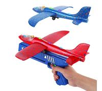 DAJASD Lot de 2 Jouets d'avion en polystyrène avec 1 Pistolet à catapulte, Avion en polystyrène avec lumières LED, Planeur Lumineux pour Enfants, Sports de Plein air