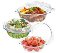 DAJAVE Lot de 3 plats à gratin ronds en verre avec couvercle 650/1000/1400 ml - Plat rond en verre avec couvercle et poignées - Plat à four avec couvercle pour salade de fruits, viande