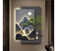 DAJIAYIQI Décoration murale chinoise à LED, Art mural 3D en grès avec vase en verre et plantes artificielles, Sculptures murales paysagères créatives, Peinture décorative murale(A,66 * 100cm)