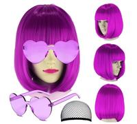 DAJOOEE Perruque synthétique courte violette avec frange plate, résistante à la chaleur, pour cosplay et fêtes costumées