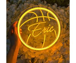 DAKABUKA Décoration murale au néon de basket-ball personnalisable - Panneau néon LED personnalisable avec le nom de votre choix - Pour salle de gym, salle de jeux - Cadeau pour hommes et fans de sport